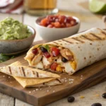 Freshly made chicken burrito recipe with grilled chicken, cheese, and salsa