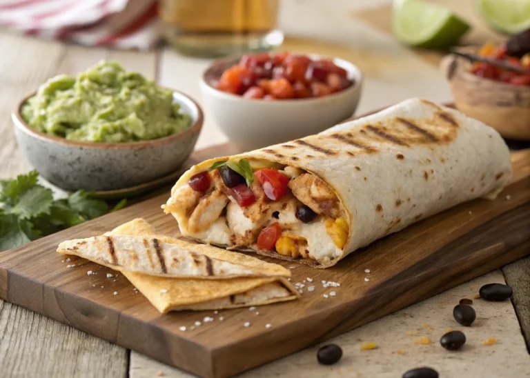 Freshly made chicken burrito recipe with grilled chicken, cheese, and salsa