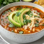 chicken taco soup served in white bowl with toppings