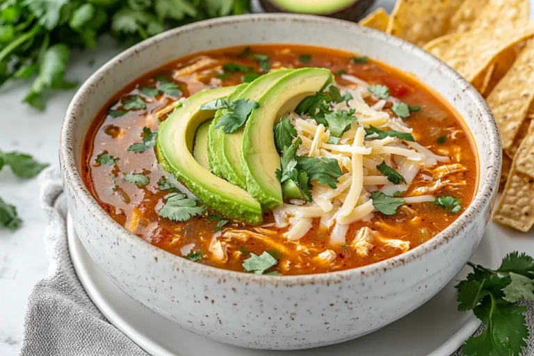 chicken taco soup served in white bowl with toppings