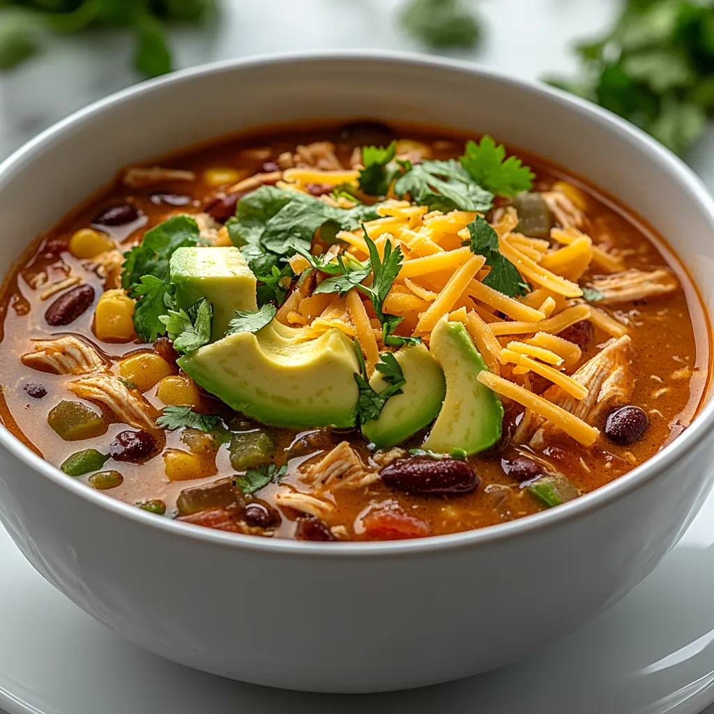 chicken taco soup served in white bowl with toppings