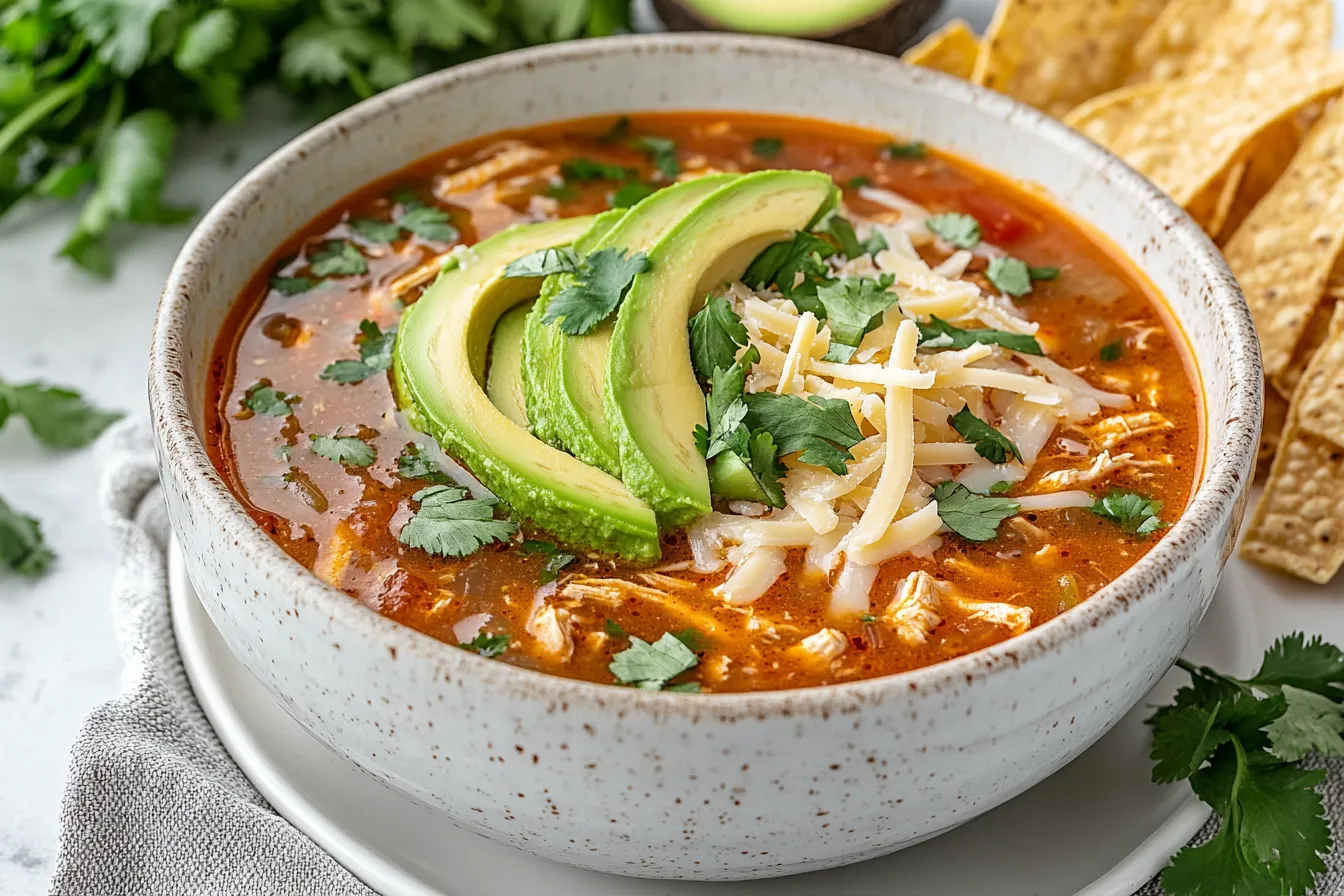 chicken taco soup served in white bowl with toppings