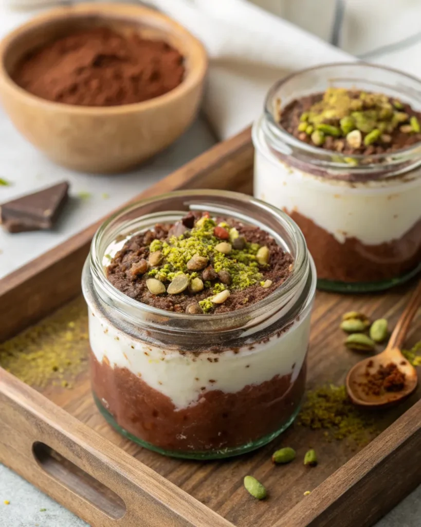 mousse jars topped with pistachios