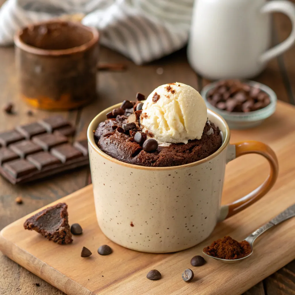 Chocolate mug cake in a ceramic mug with ice cream
