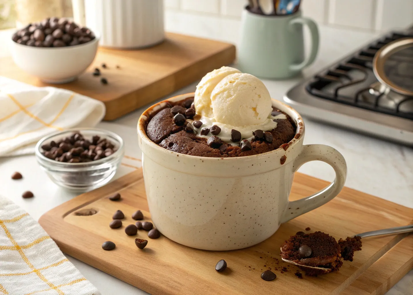 chocolate mug cake with ice cream in a ceramic mug