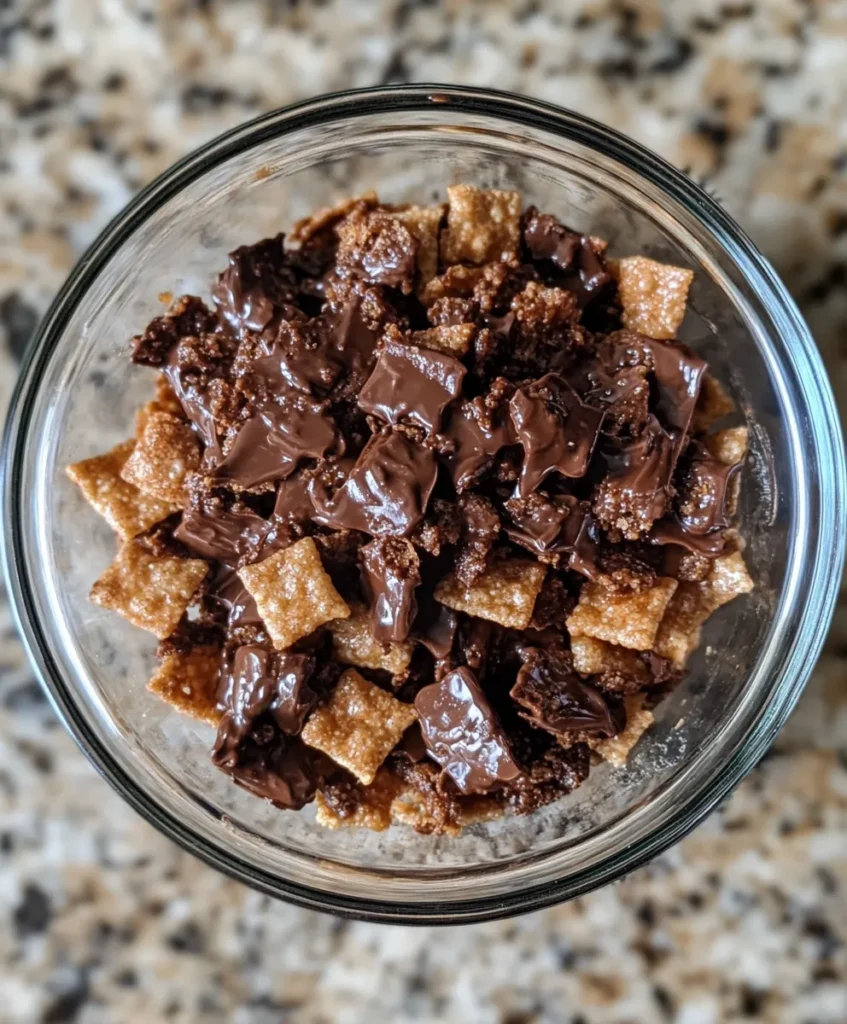 chex cereal coated in chocolate and peanut butter for muddy buddies