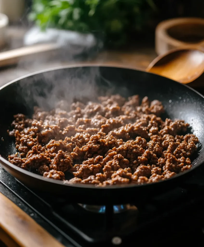 Seasoned ground beef cooking in a skillet for Big Mac Tacos