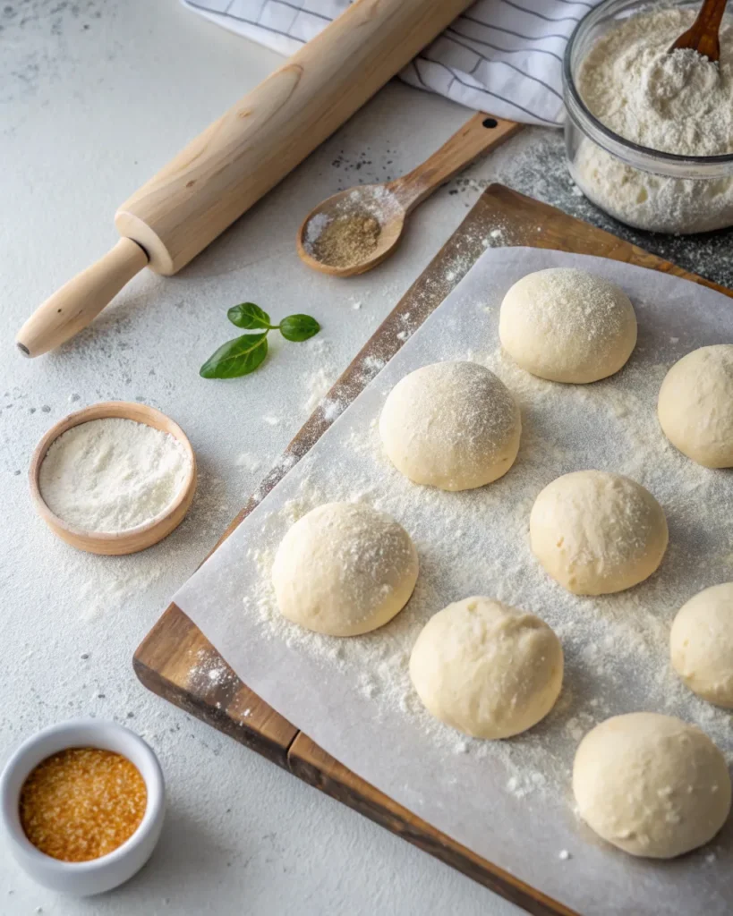 Cottage cheese bagel dough balls on floured surface