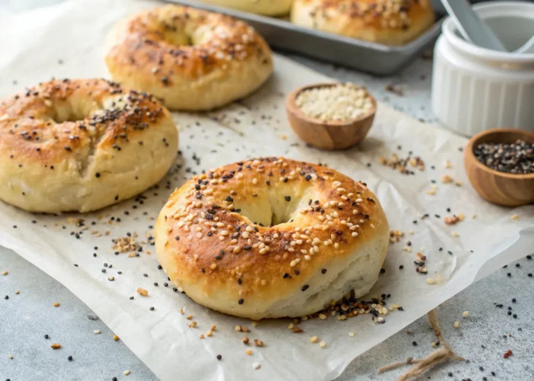 Freshly baked cottage cheese bagels topped with everything seasoning
