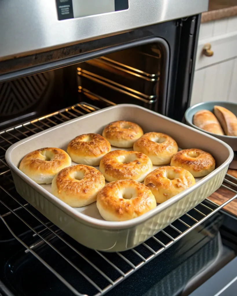 Cottage cheese bagels baking in a dish inside the oven