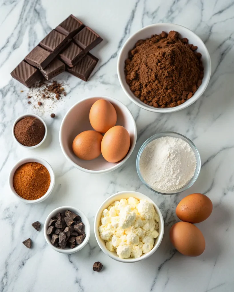 Cottage cheese brownie ingredients on marble counter