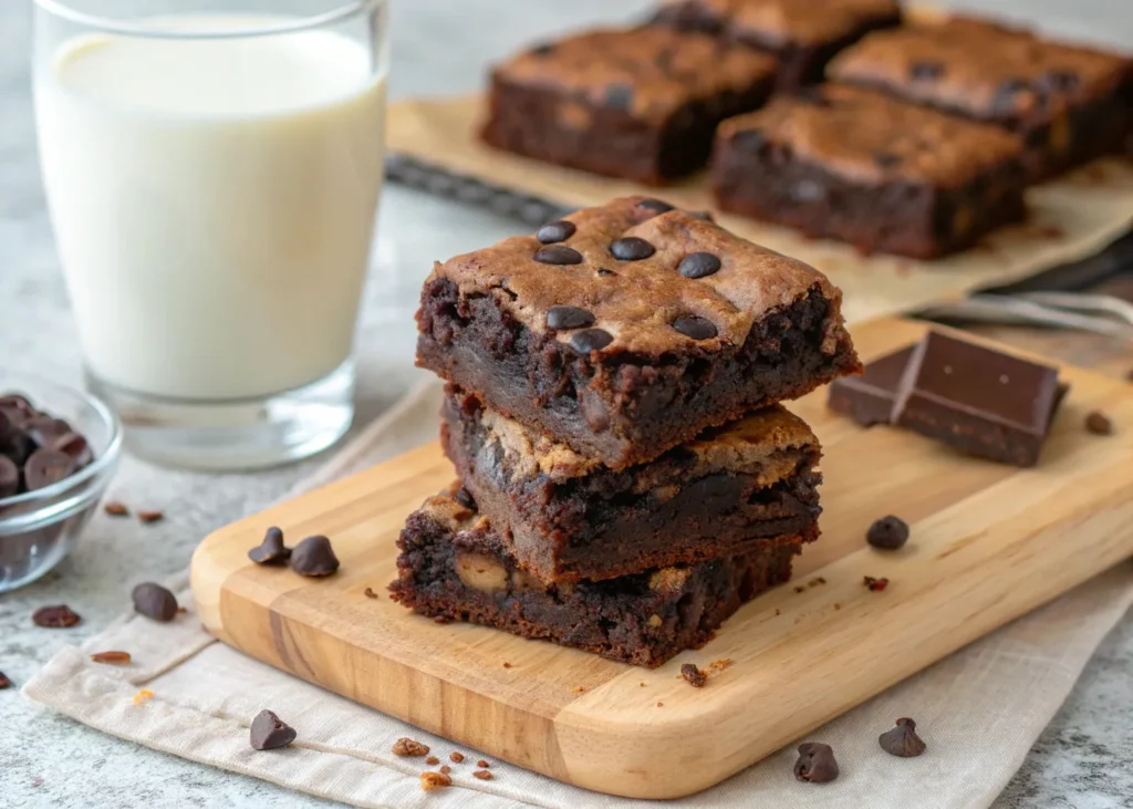 Cottage cheese brownies stacked on board with melting chocolate chips