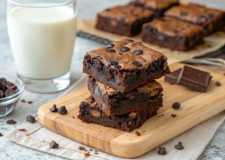 Cottage cheese brownies stacked on board with melting chocolate chips