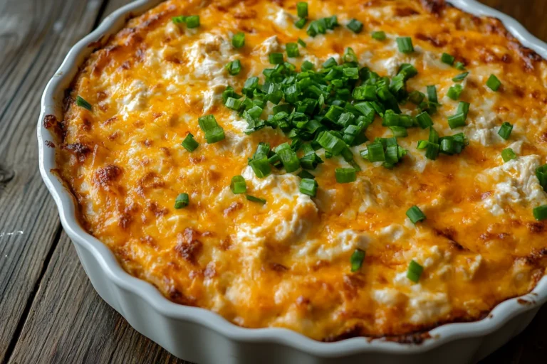 creamy cottage cheese buffalo chicken dip in baking dish