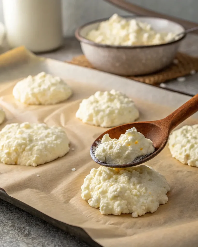 Cottage Cheese Chips Recipe 3 cottage cheese chips before baking on parchment paper