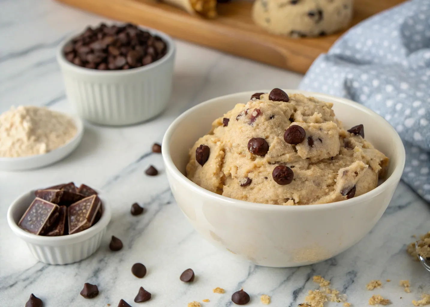 cottage cheese cookie dough in bowl with chocolate chips