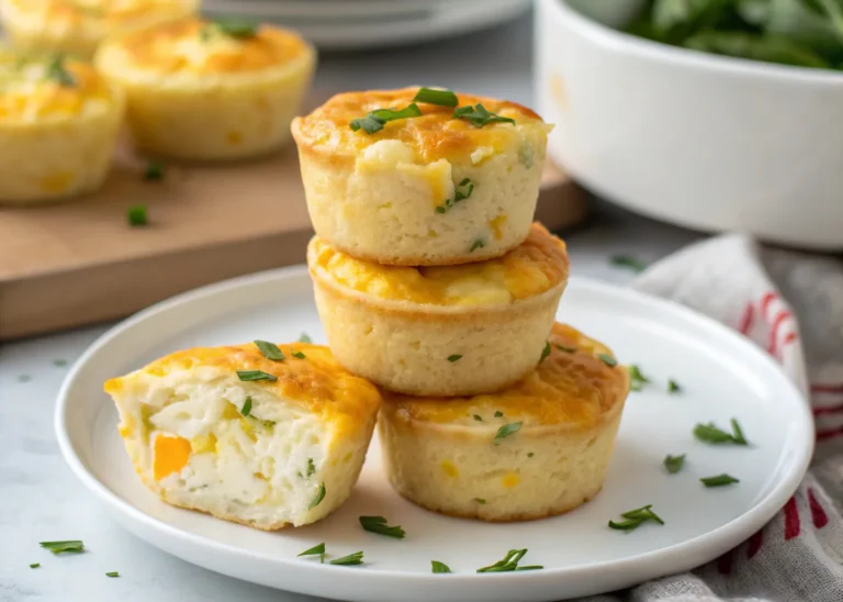 Cottage cheese egg bites stacked on a plate with spinach and melted cheese