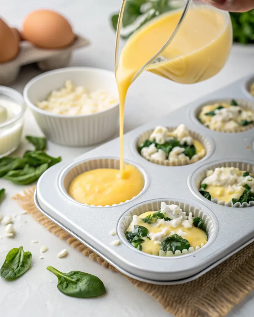 Cottage cheese egg bites 3 Pouring egg mixture into silicone molds for cottage cheese egg bites