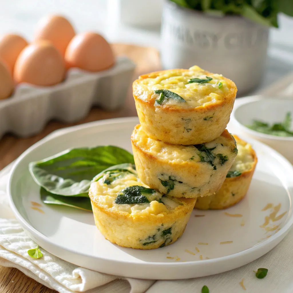 Cottage cheese egg bites 5 Cottage cheese egg bites stacked on a plate with spinach and melted cheddar