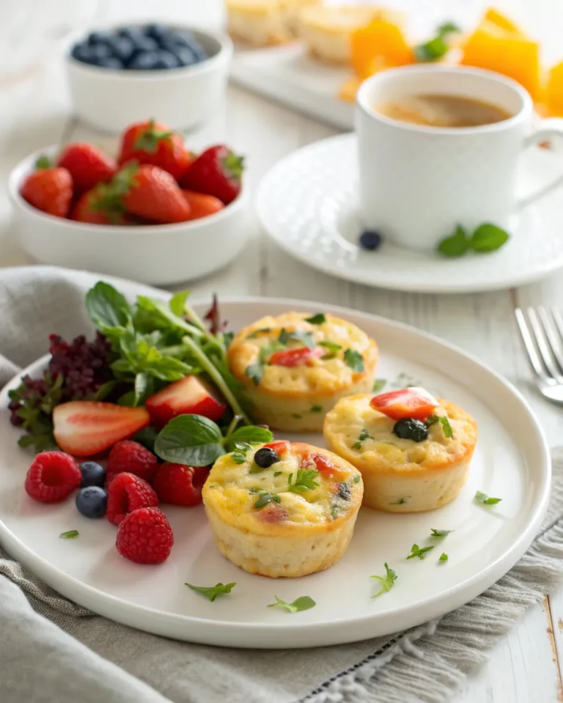 Cottage cheese egg bites 4 Cottage cheese egg bites served with fresh fruit and salad