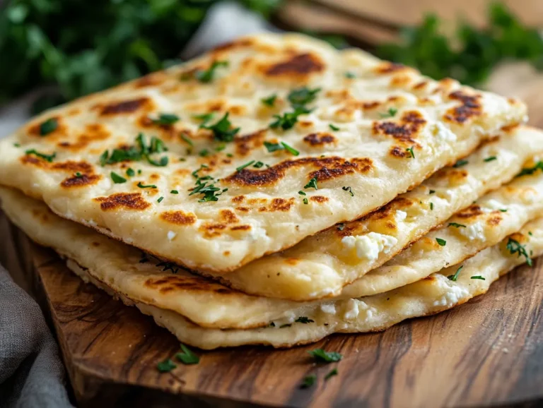 Cottage cheese flatbread stacked on board