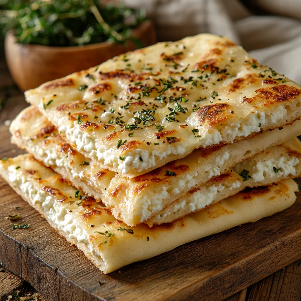 Cottage cheese flatbread on board with golden edges