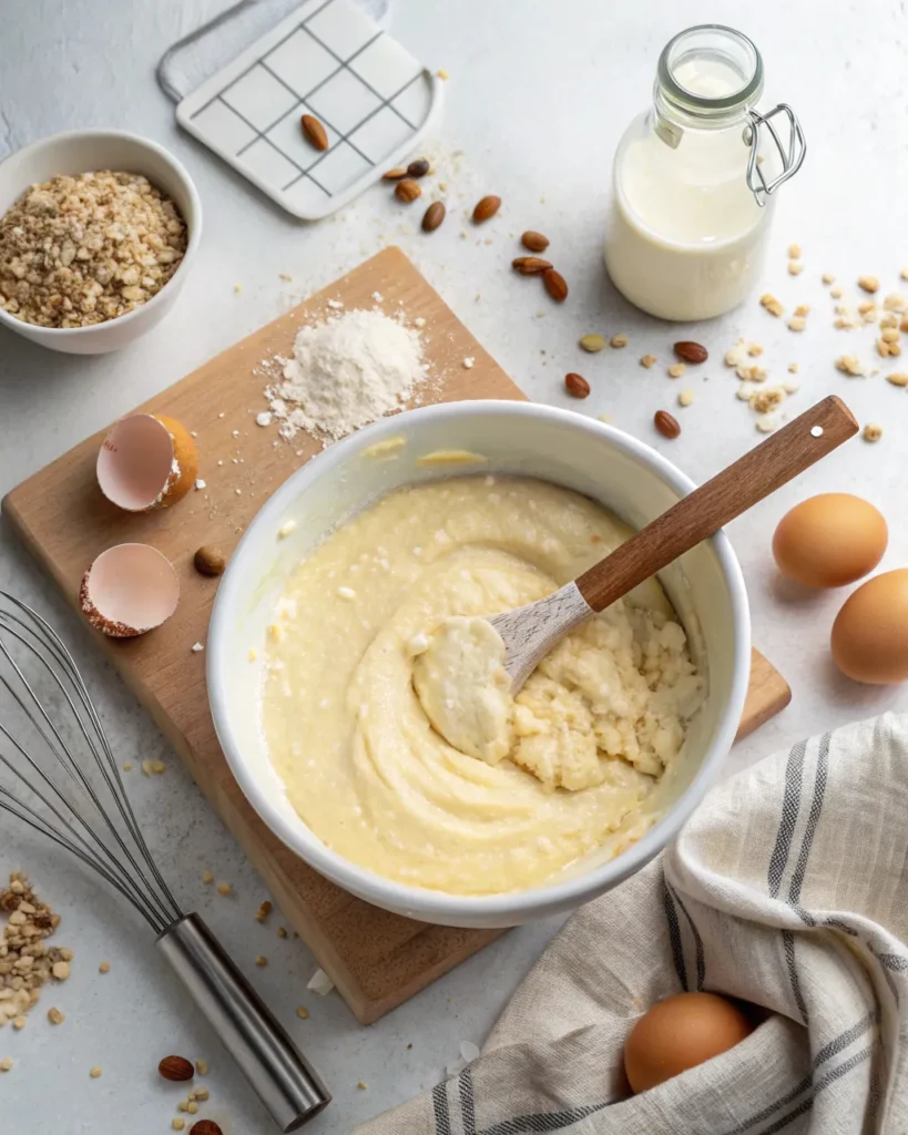 Cottage cheese pancake batter in a white bowl on kitchen counter