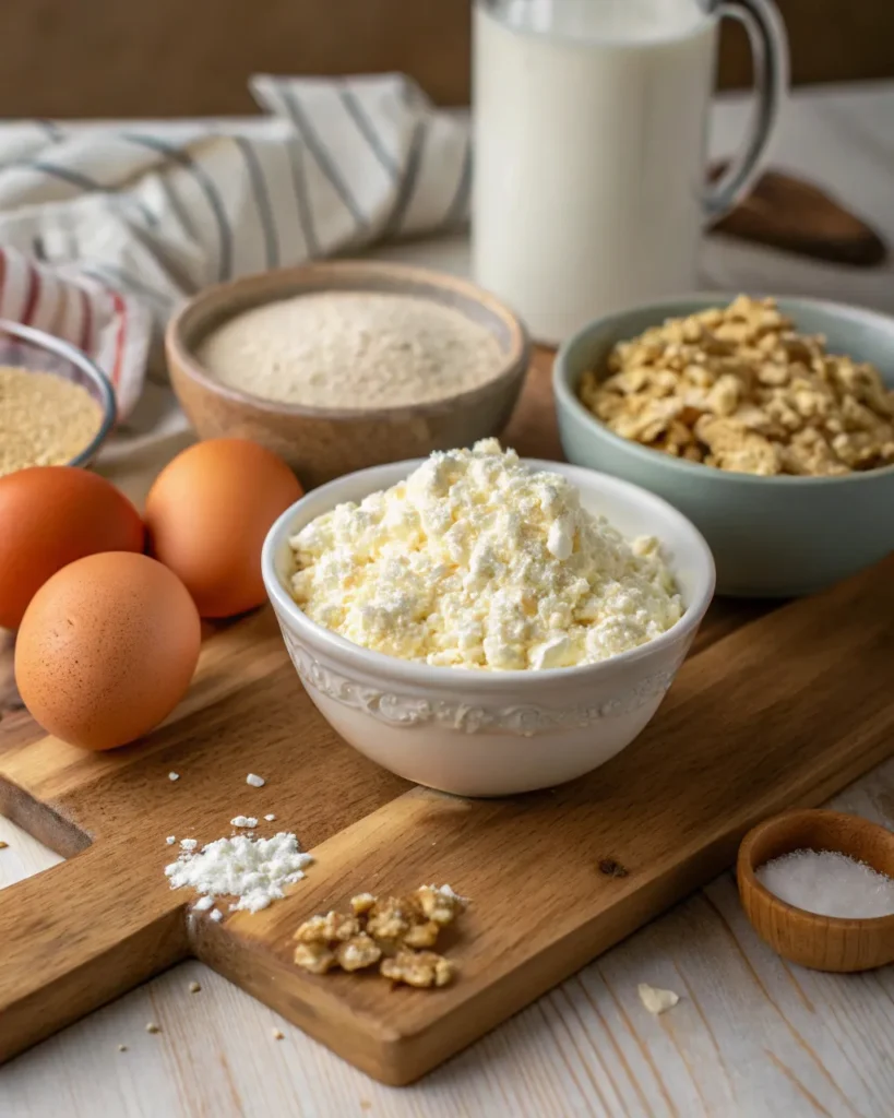 Ingredients for cottage cheese pancakes on a kitchen counter