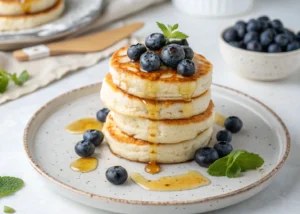 Cottage cheese pancakes with blueberries and syrup