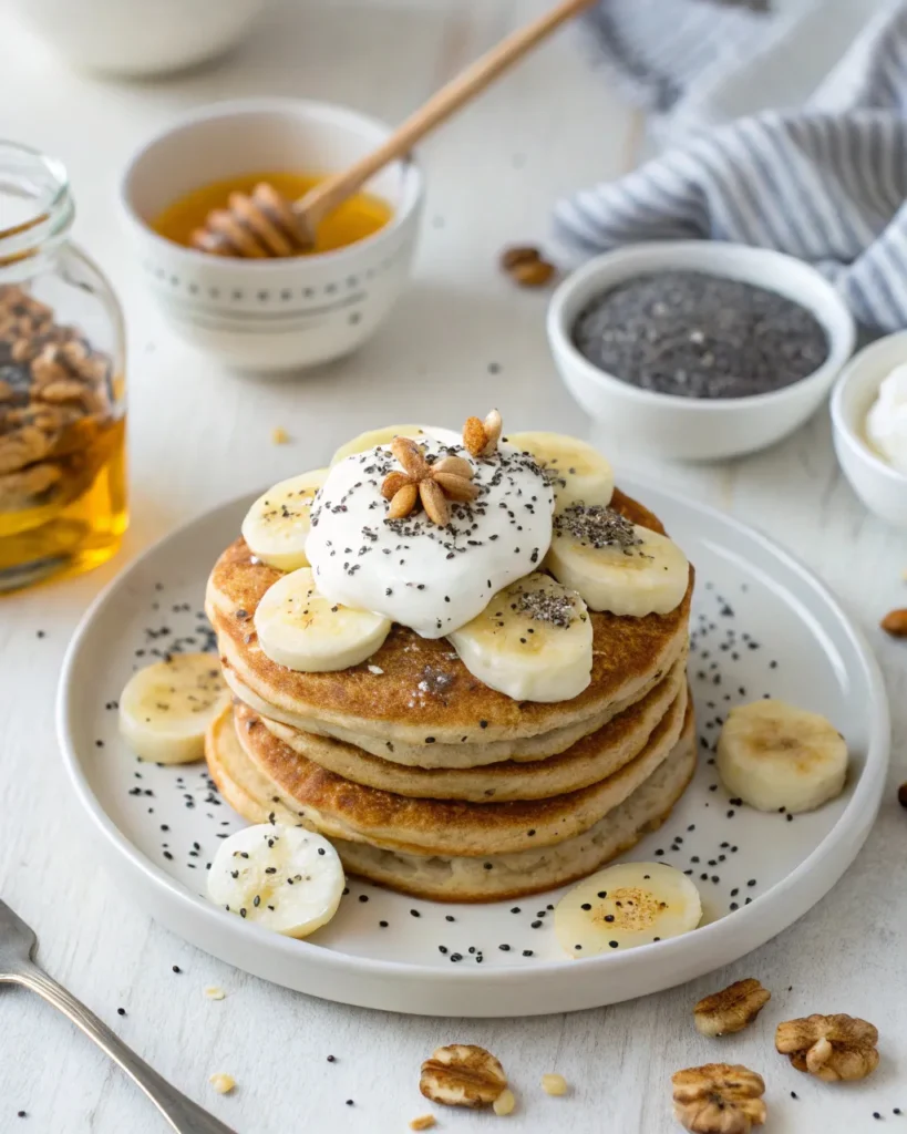 Cottage cheese pancakes with banana and yogurt topping
