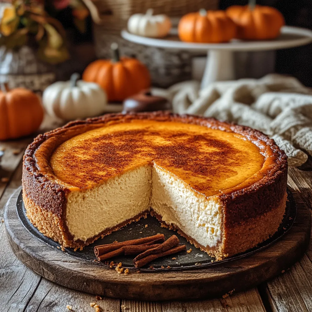 Cottage cheese pumpkin cheesecake with slice pulled out