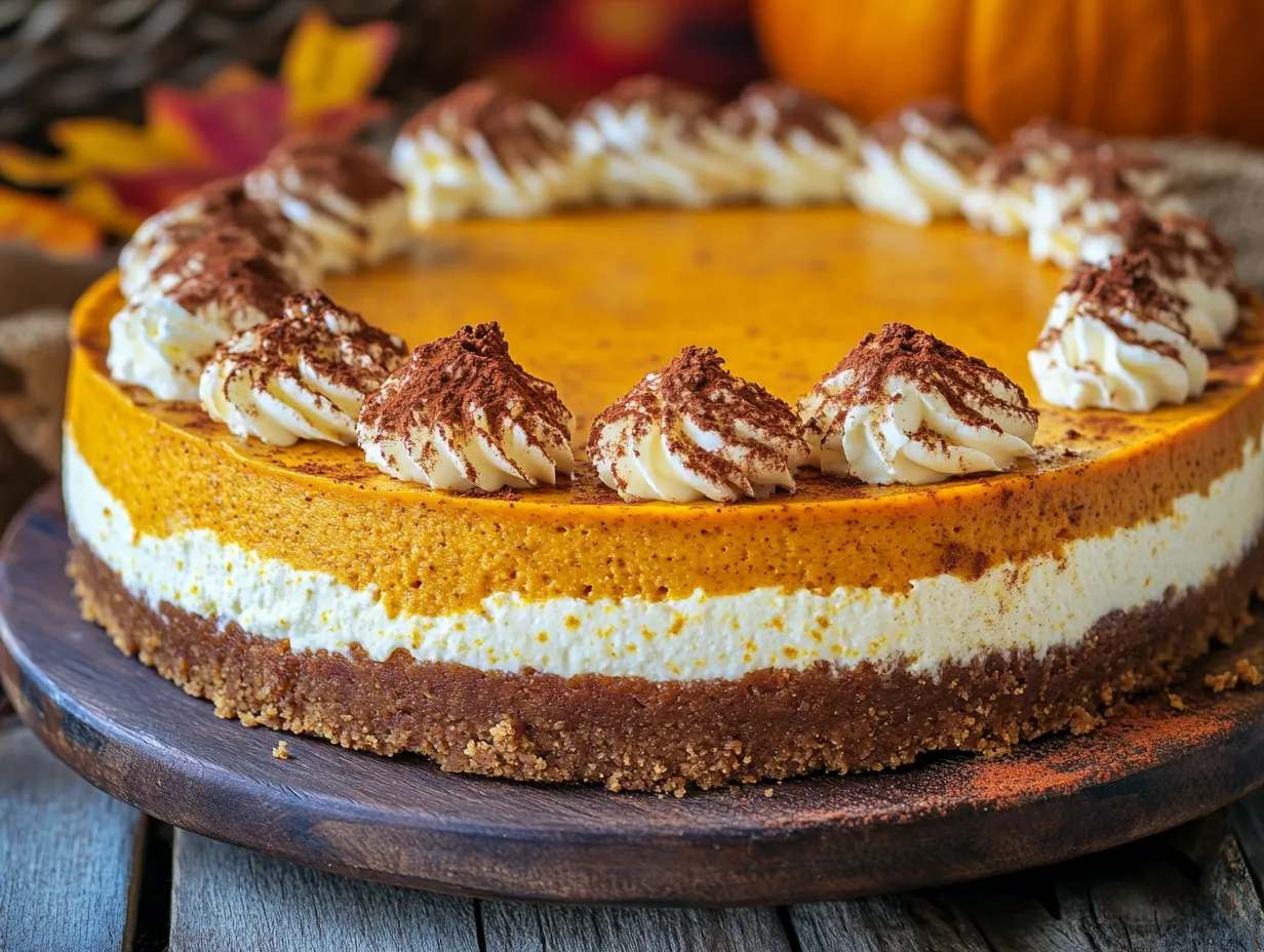 Cottage cheese pumpkin cheesecake on rustic table