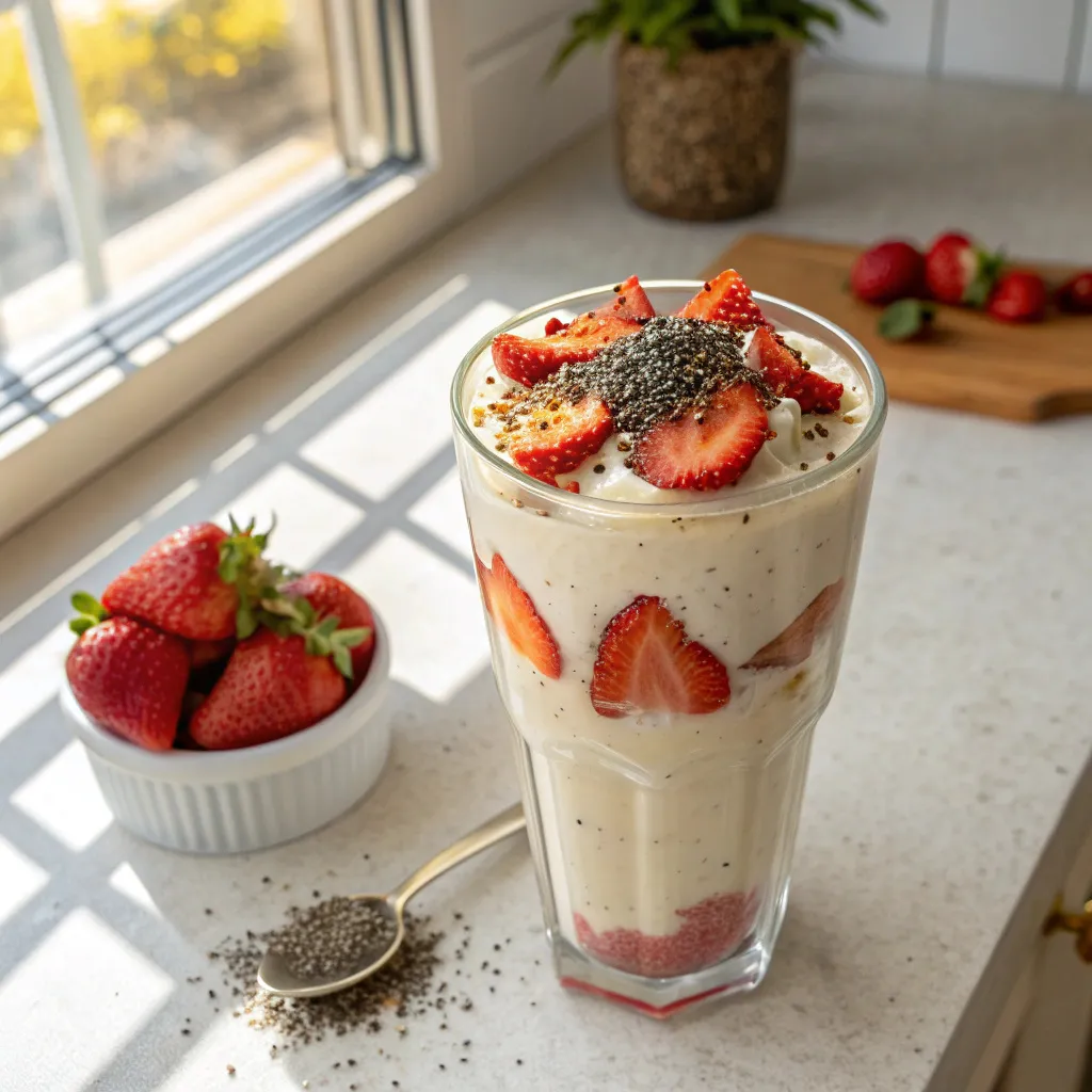 Cottage cheese smoothie 5 Cottage cheese smoothie in a glass topped with strawberries and chia seeds