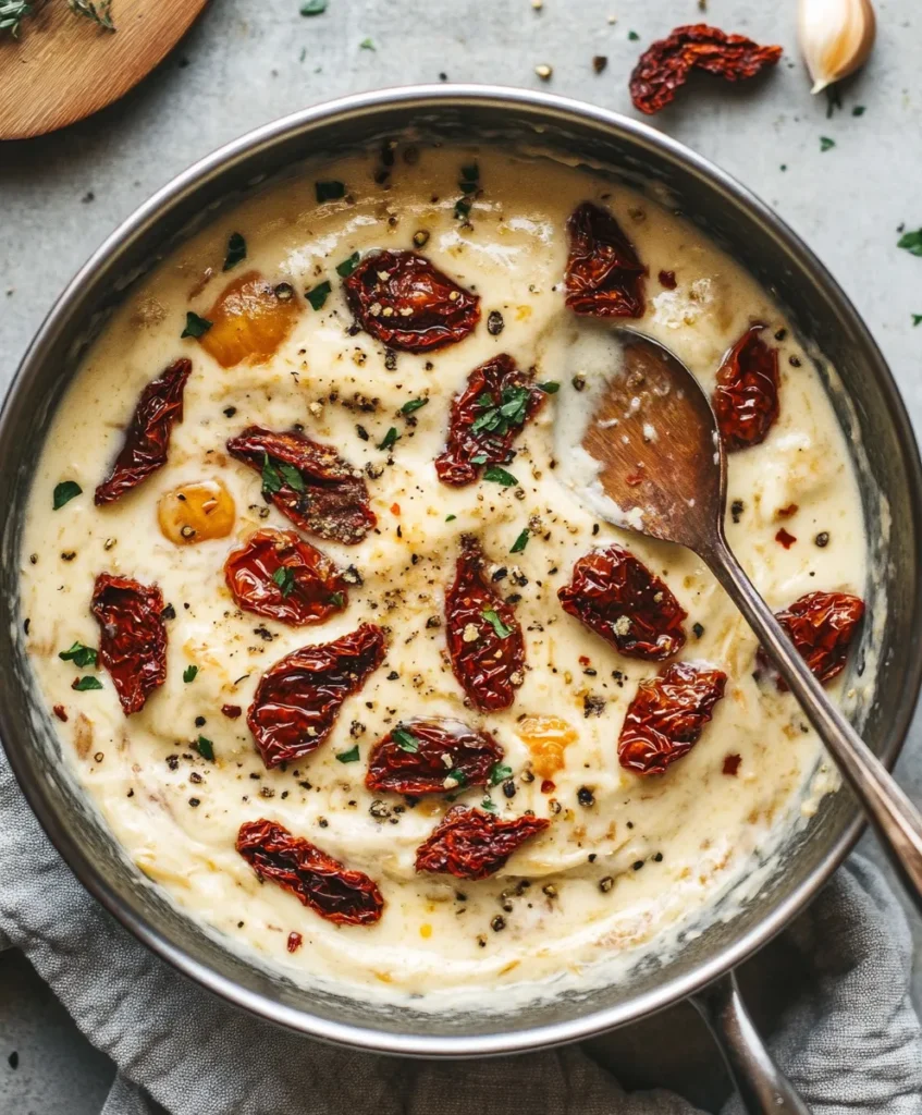 Cream sauce with garlic and sun-dried tomatoes in a skillet