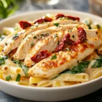Creamy Tuscan chicken pasta served in a rustic bowl