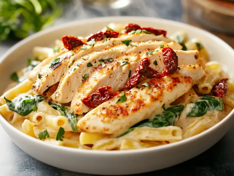 Creamy Tuscan chicken pasta served in a rustic bowl