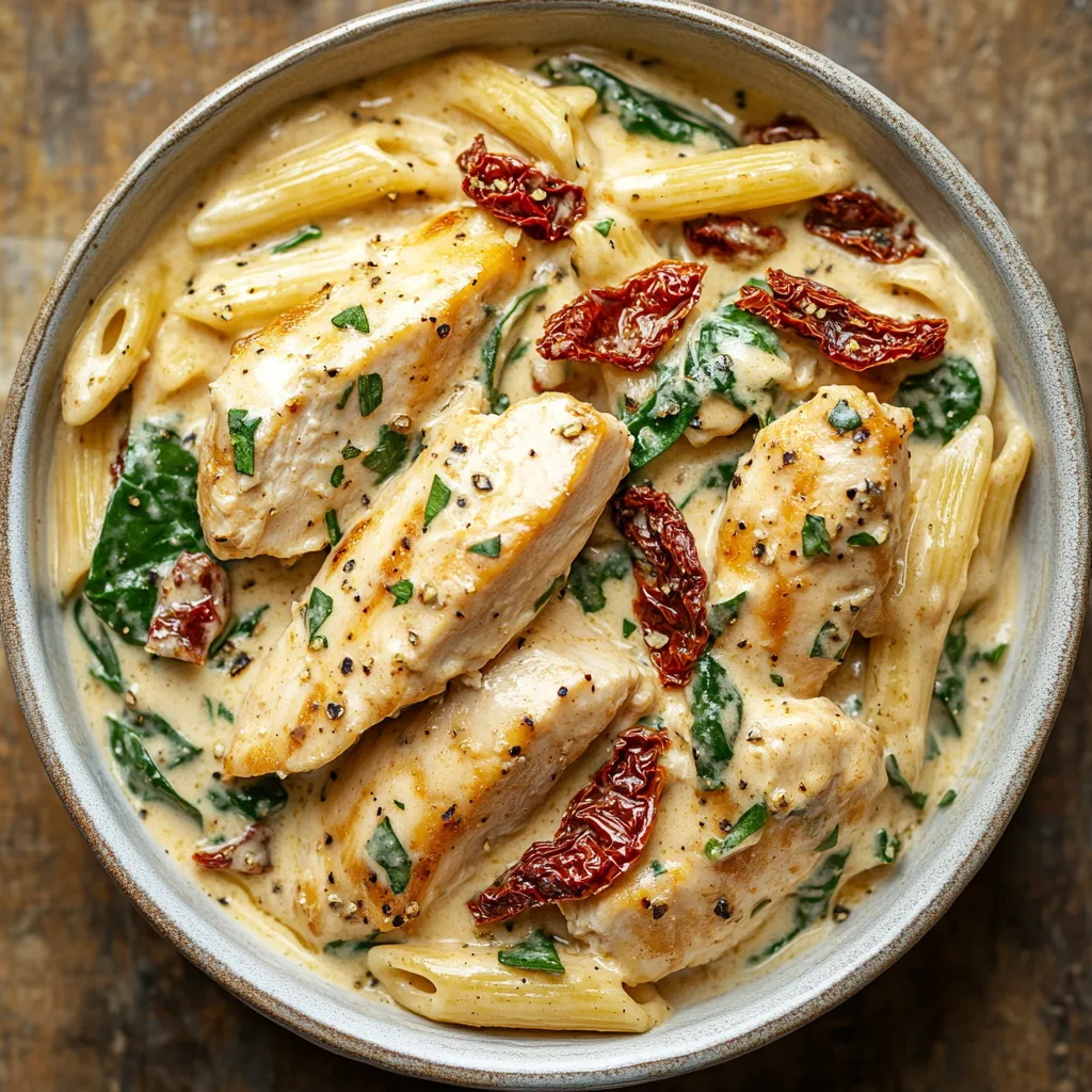 Creamy Tuscan chicken pasta with spinach and sun-dried tomatoes
