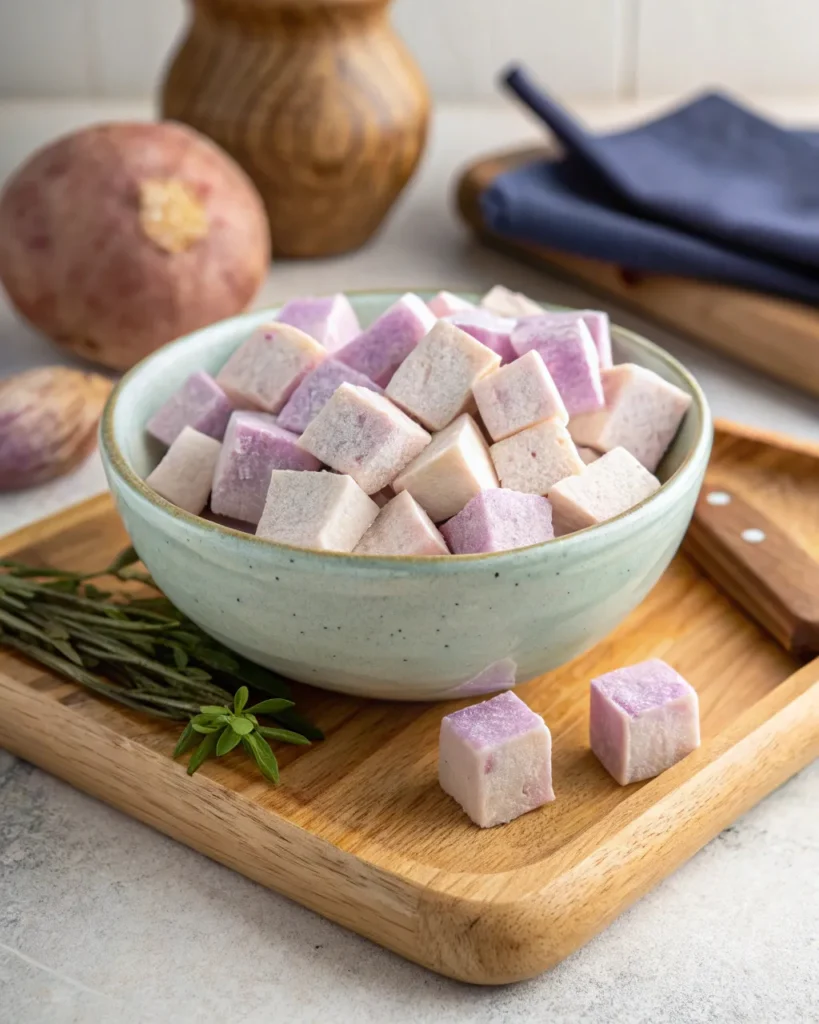 Raw taro cubes in a ceramic bowl for taro milk tea preparation