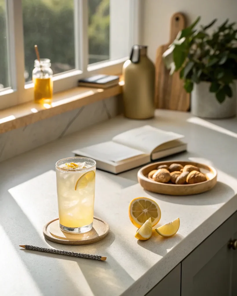 Daily routine with natural Mounjaro recipe drink on kitchen counter