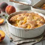 Easy peach cobbler recipe in white baking dish
