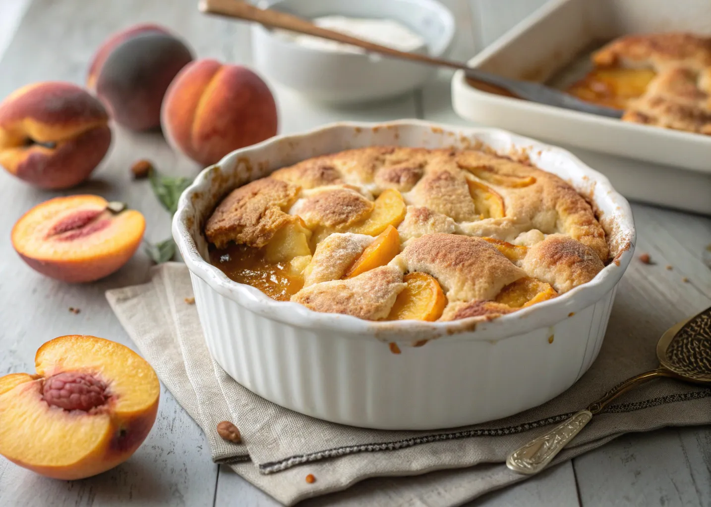 Easy peach cobbler recipe in white baking dish