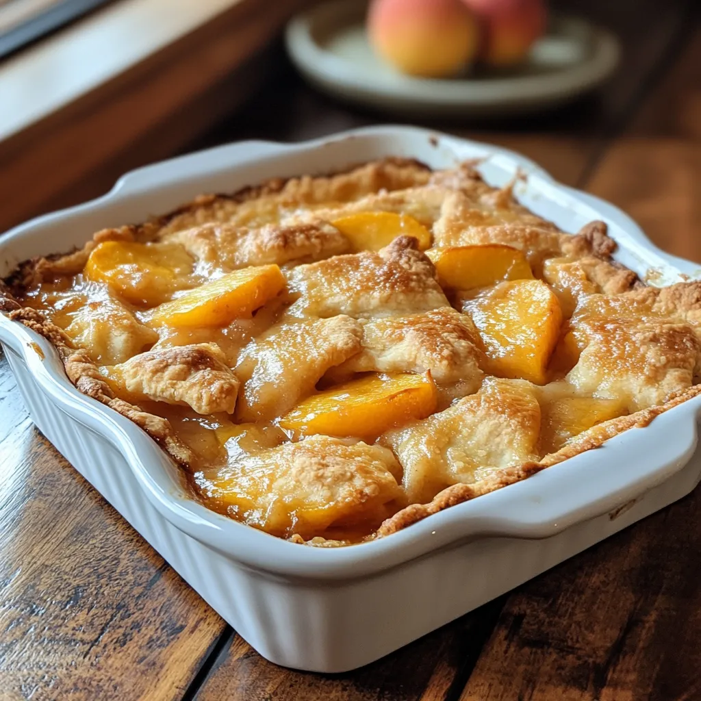 Easy peach cobbler recipe in white ceramic dish