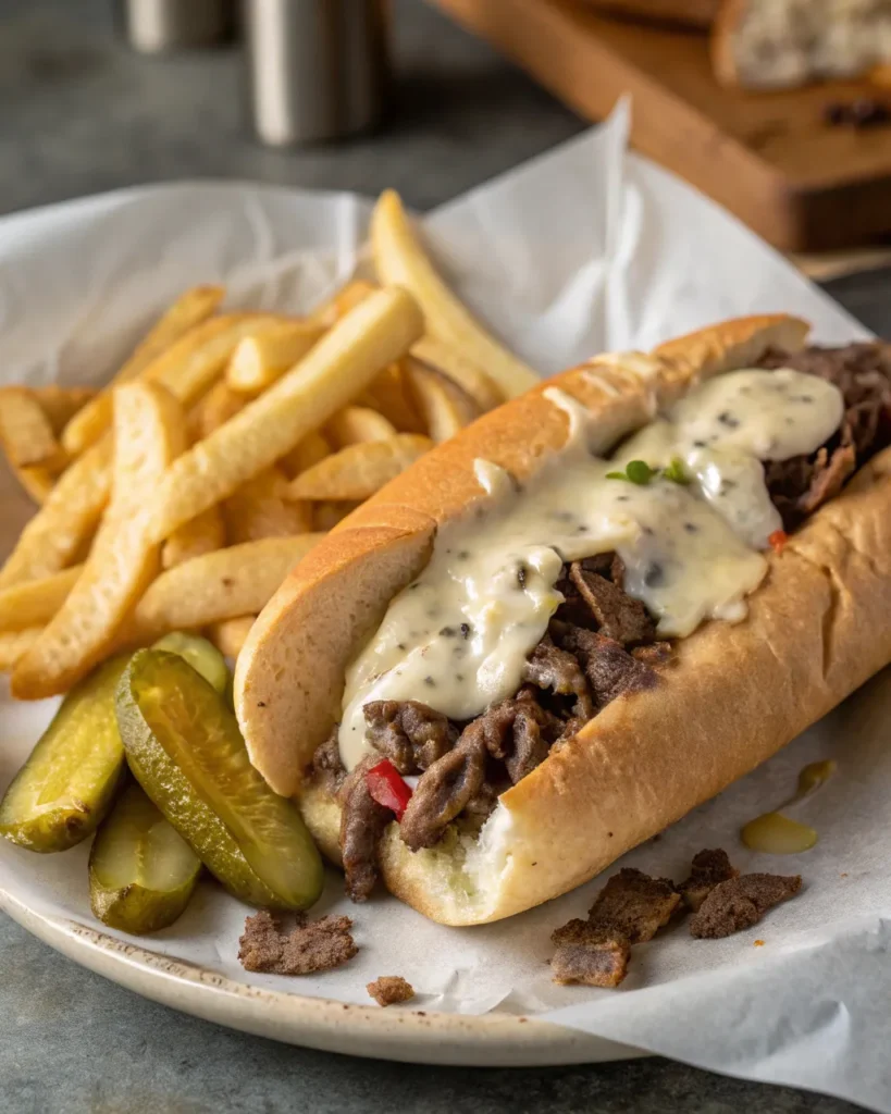 Philly Cheesesteak Recipe 4 Served Philly cheesesteak sandwich with fries