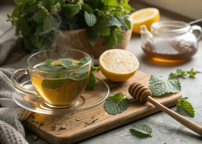Fresh lemon balm recipe with tea, lemon, and honey