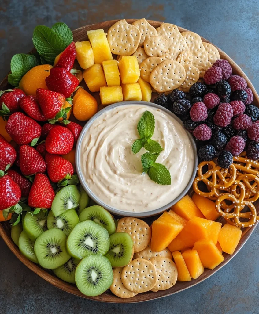 fruit dip snack board with pretzels and crackers
