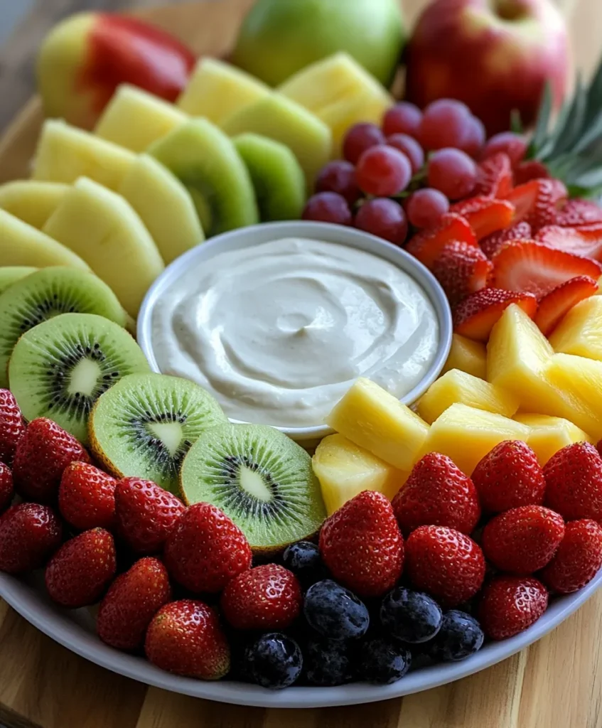 fruit platter with creamy fruit dip for party