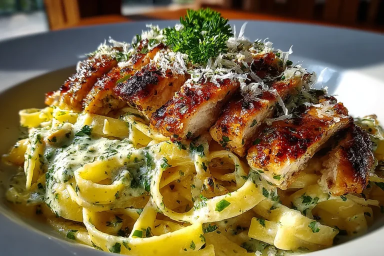 Creamy garlic parmesan chicken pasta with golden seared chicken
