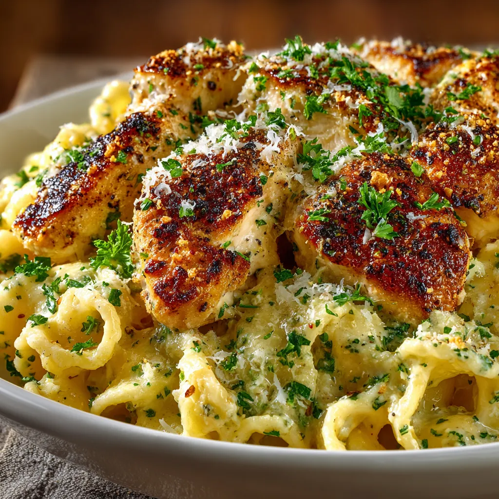 Garlic parmesan chicken pasta in creamy sauce with seared chicken and fresh parsley
