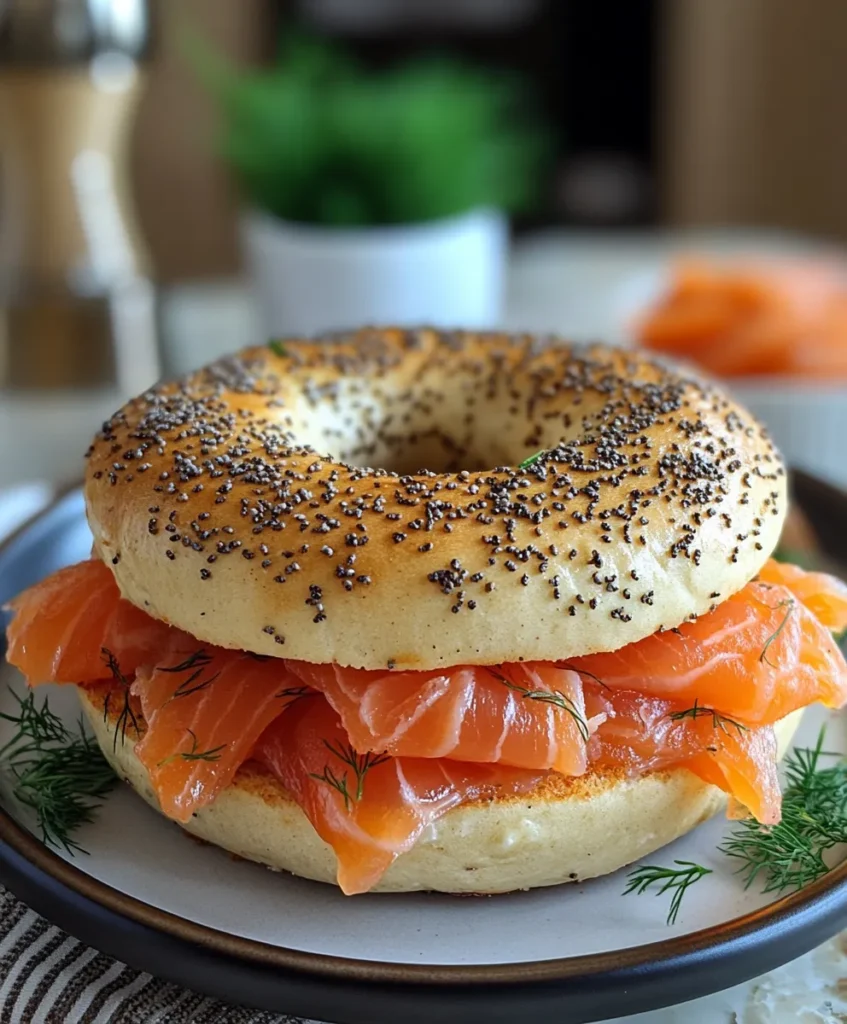 Greek yogurt bagels 4 Greek yogurt bagel sandwich with smoked salmon and dill.
