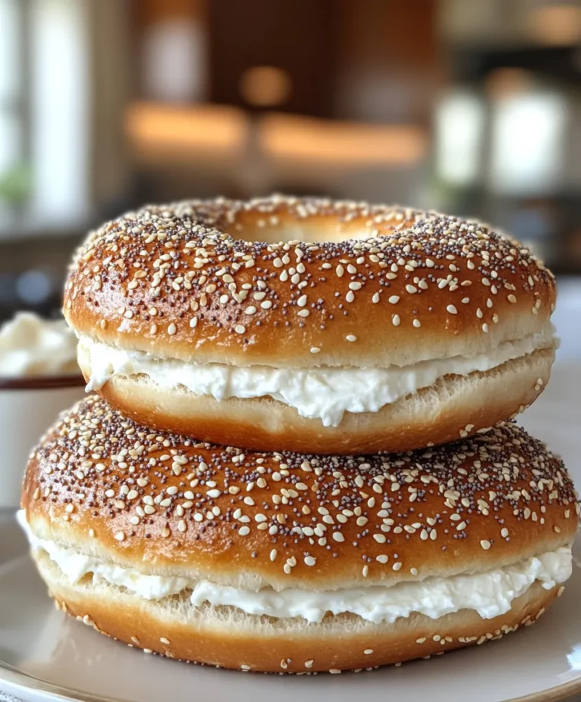Greek yogurt bagels 2 Sliced Greek yogurt bagel with cream cheese spread.